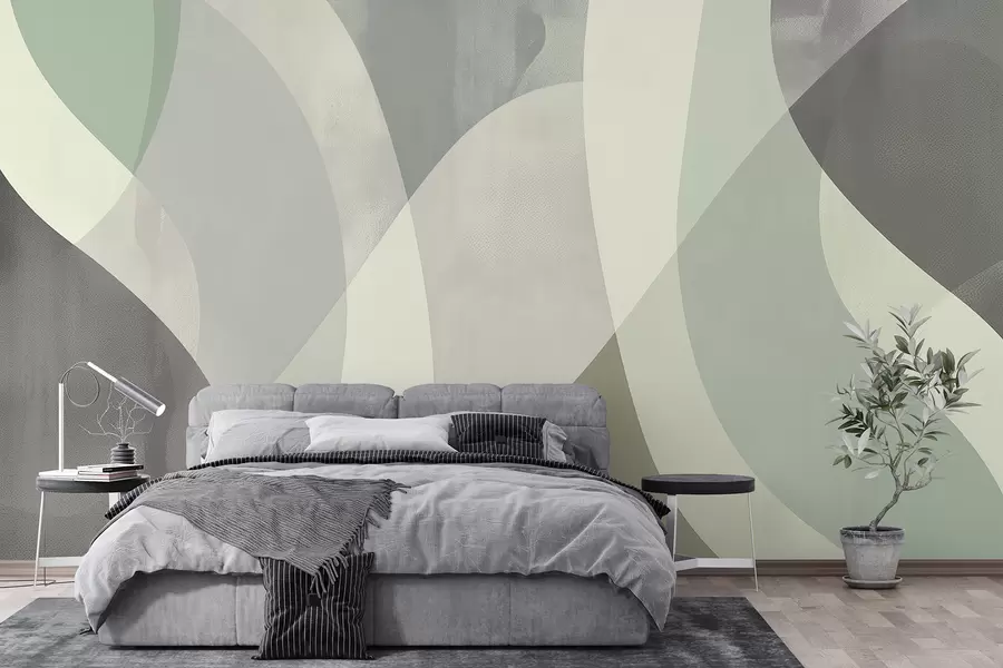 fototapet Curbe moi în tonuri atenuate, cu linii fluide și gradiente verzi, minimalist și modern w01334