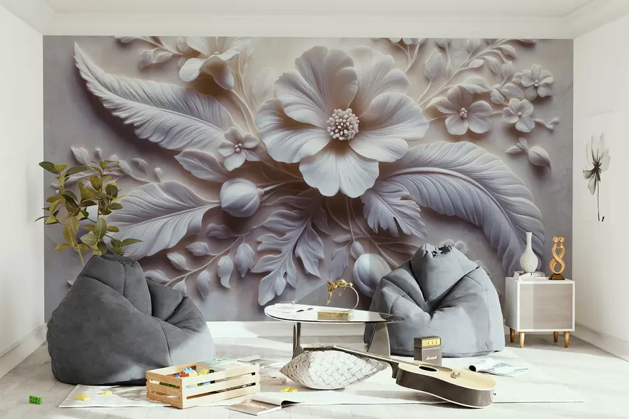 fototapet artă de perete 3D în relief cu pene și flori, cu un mac mare în culori roz deschis w01340v1