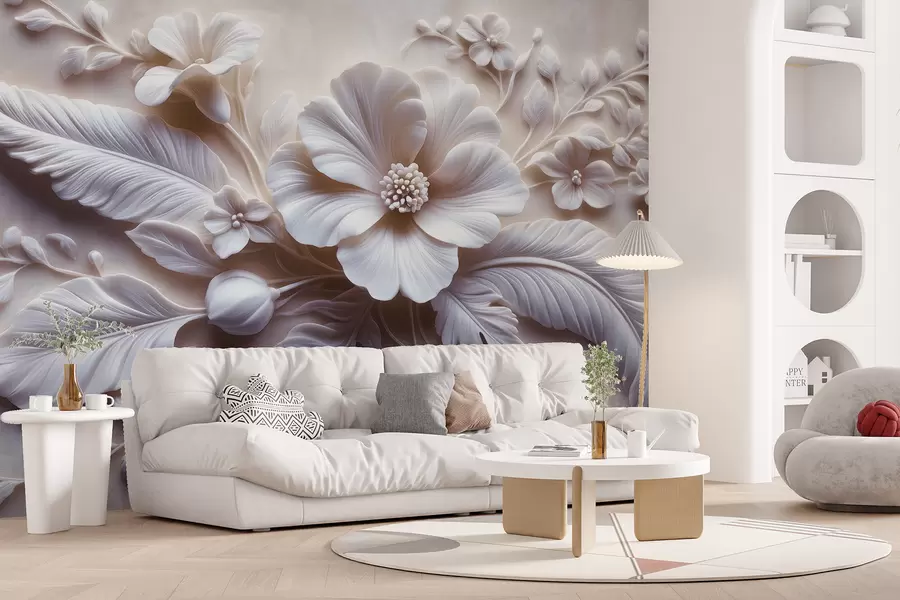 fototapet artă de perete 3D în relief cu pene și flori, cu un mac mare în culori roz deschis w01340v1