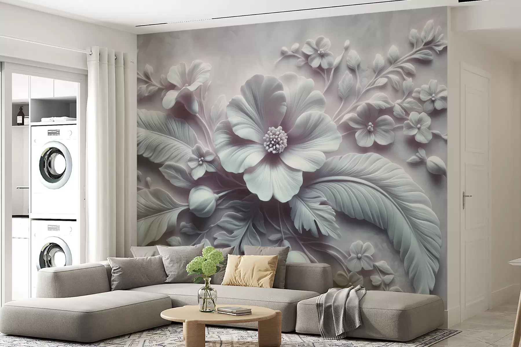 fototapet artă de perete în relief 3D cu pene și flori, cu un mac mare în culori albastru deschis w01340v2