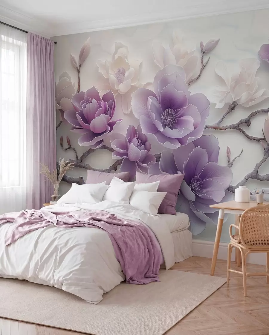 fototapet Flori de magnolie mov în relief pe o ramură grațioasă w01359