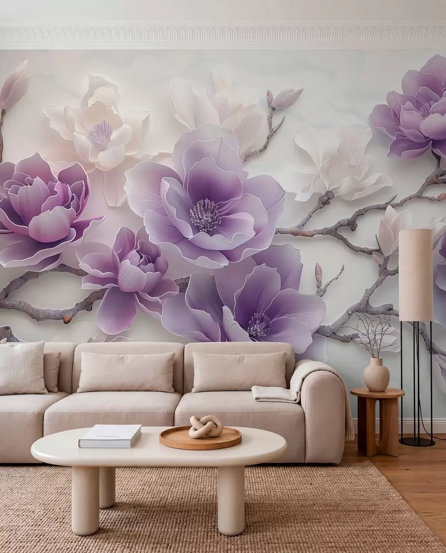 fototapet Flori de magnolie mov în relief pe o ramură grațioasă w01359