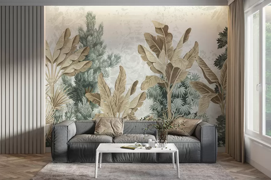 fototapet Un imprimeu cu frunze tropicale luxuriante, cu frunze verzi și maro, palmieri și alte plante exotice w08200