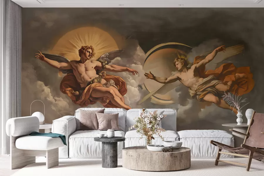 fototapet perete mural în stilul frescelor renascentiste în nuanțe bej și întunecate. Două figuri masculine de zei se întind unul spre celălalt w08137