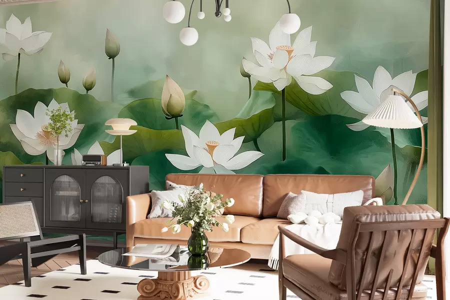 fototapet Lotus în lac, natura, ceață, desen acrilic, frunze mari, junglă, culori naturale moi w01450