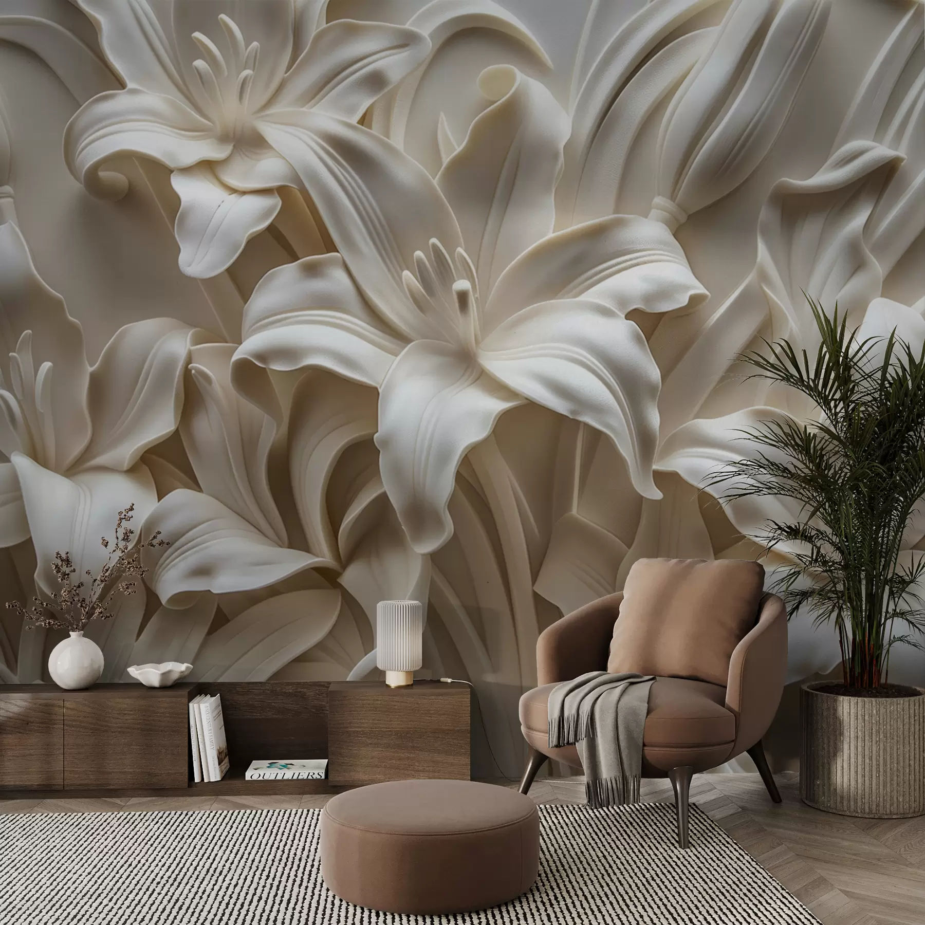 fototapet Relief elegant bej 3d de crini sculptati w01433