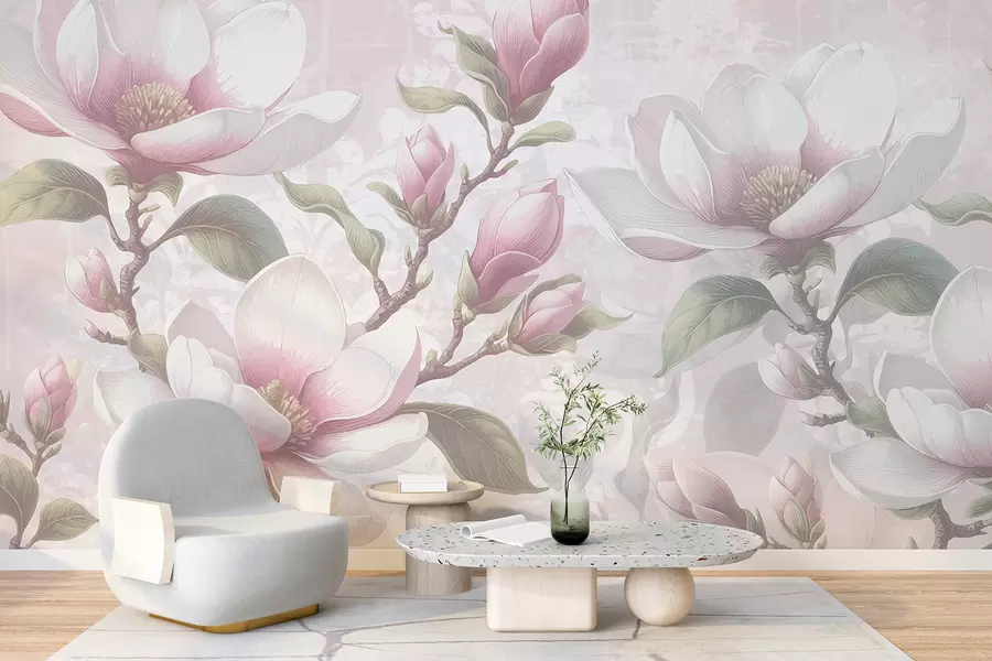 fototapet Delicate flori roz magnolia în plină floare pe un fundal blând, neclar w08216