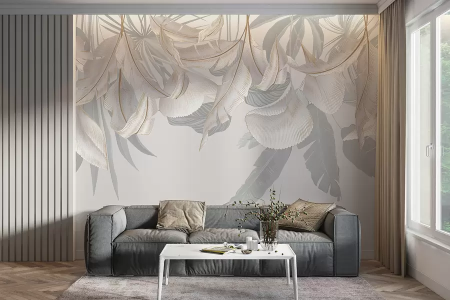 fototapet Frunze tropicale florale delicate albe și gri care creează un fundal moale, eteric w08217