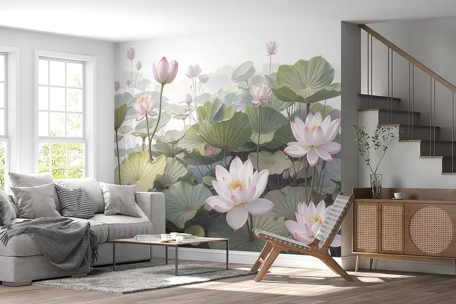fototapet Flori de lotus roz și albe cu frunze verzi mari, înconjurate de un fundal cețos, atmosferic w08221