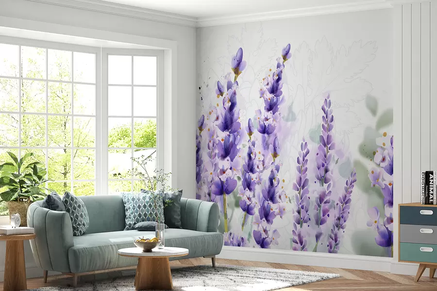 fototapet Flori de levănțică violet într-un câmp, cu focalizare moale și fundal neclar w08231