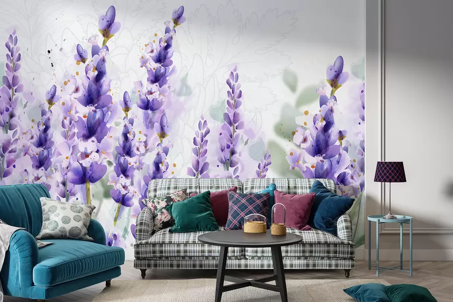 fototapet Flori de levănțică violet într-un câmp, cu focalizare moale și fundal neclar w08231