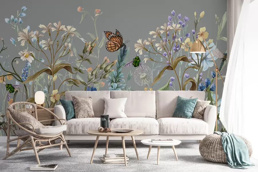 fototapet O ilustrație albastră colorată a unei scene de grădină cu flori luxuriante, cu insecte într-un stil oniric, fantastic w08234