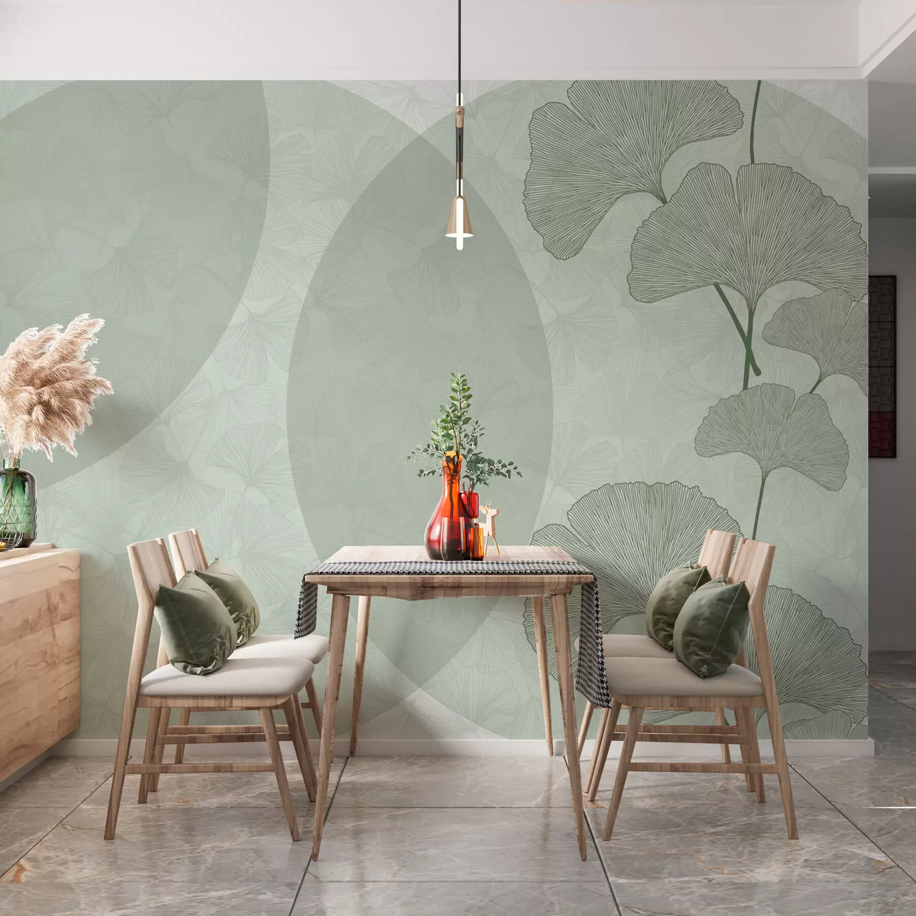 fototapet Frunze mari de ginkgo și geometrie de culoare verde w01465v2