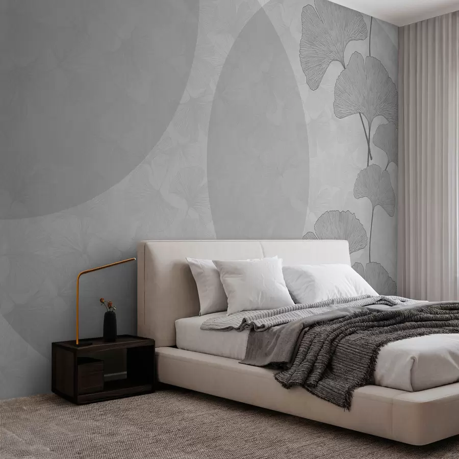 fototapet Frunze mari de ginkgo și geometrie de culoare gri w01465v3