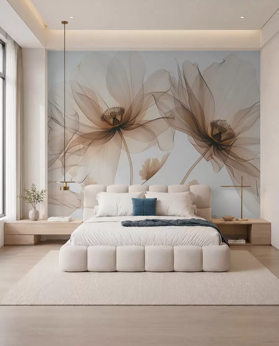 fototapet Floare transparentă delicată în stil cu raze X pe fundal alb Design botanic monocrom minimalist w01482