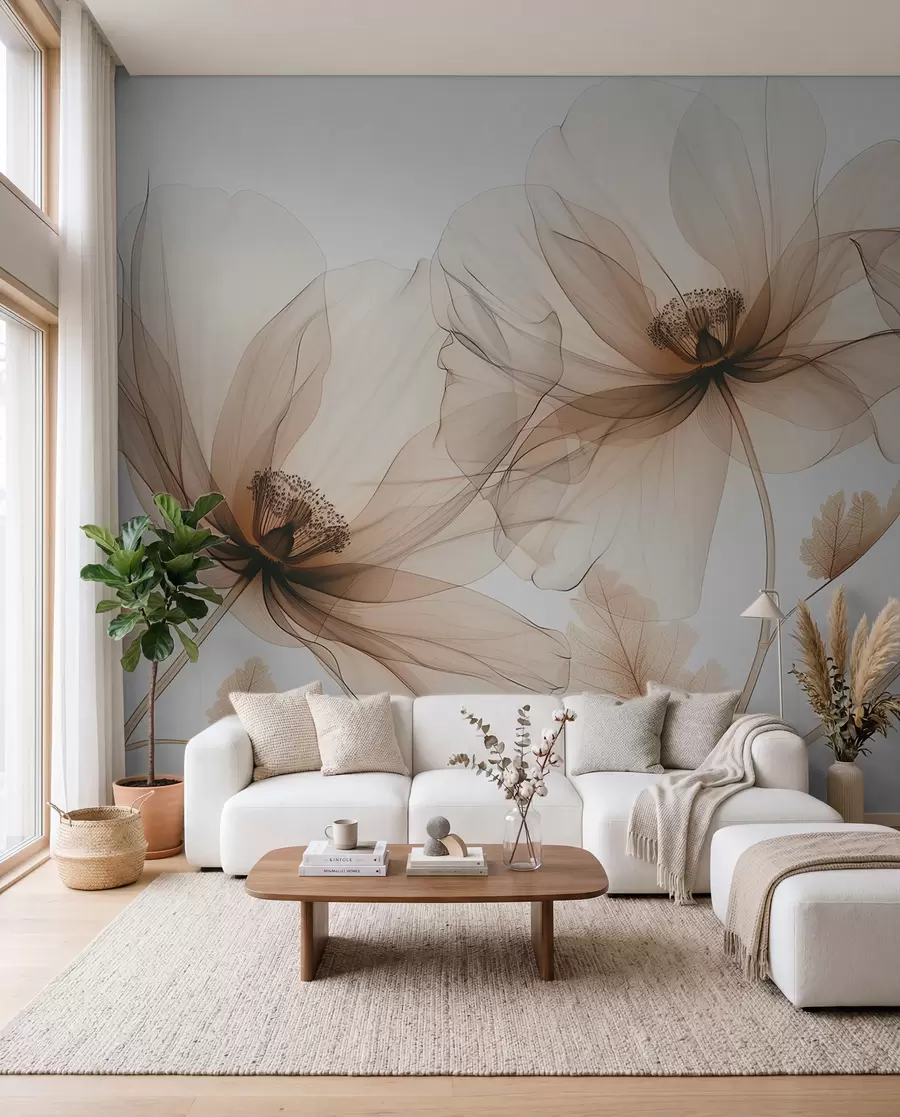 fototapet Floare transparentă delicată în stil cu raze X pe fundal alb Design botanic monocrom minimalist w01482