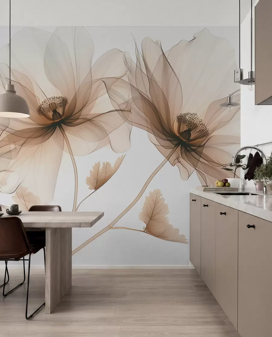 fototapet Floare transparentă delicată în stil cu raze X pe fundal alb Design botanic monocrom minimalist w01482