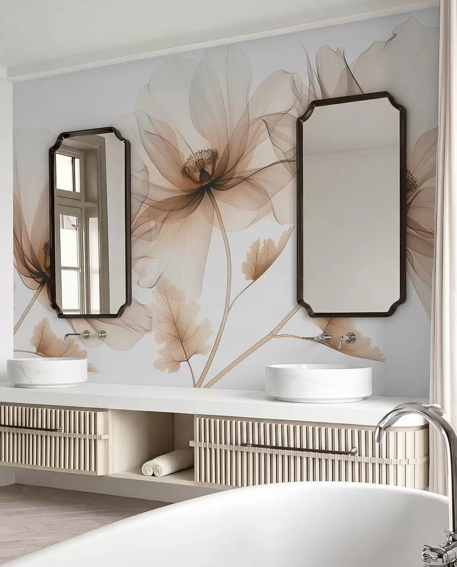 fototapet Floare transparentă delicată în stil cu raze X pe fundal alb Design botanic monocrom minimalist w01482