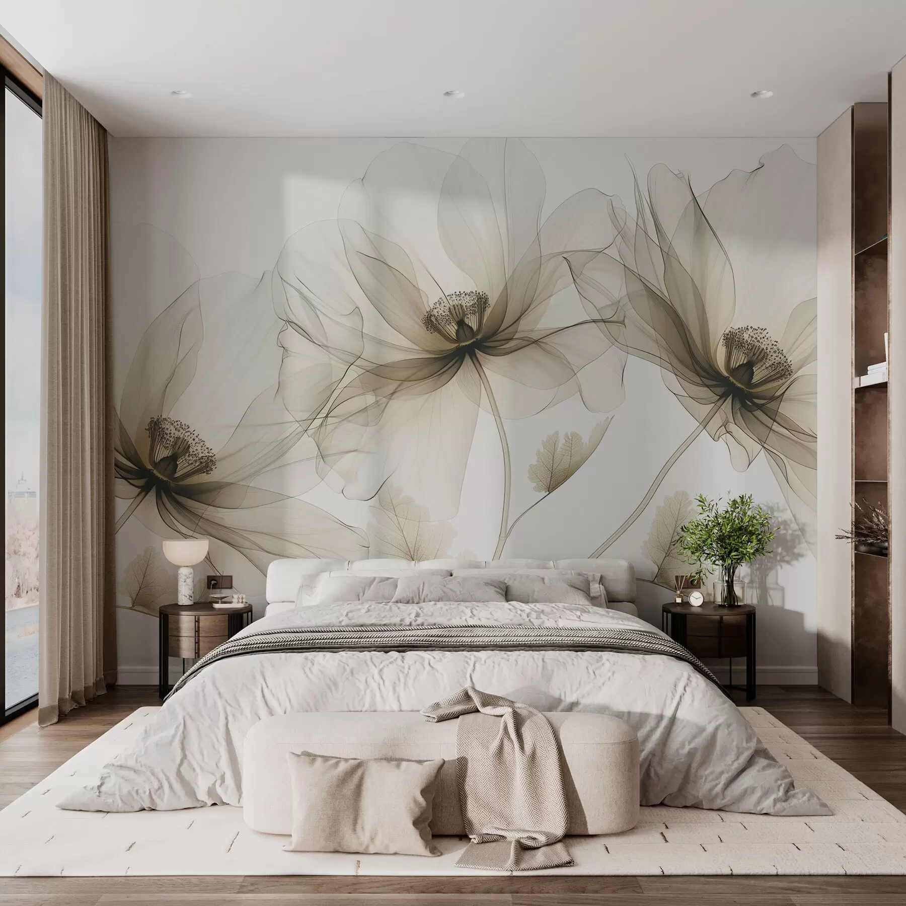 fototapet Floare maro transparentă în stil cu raze X pe fundal alb Design botanic monocrom minimalist w01482v2