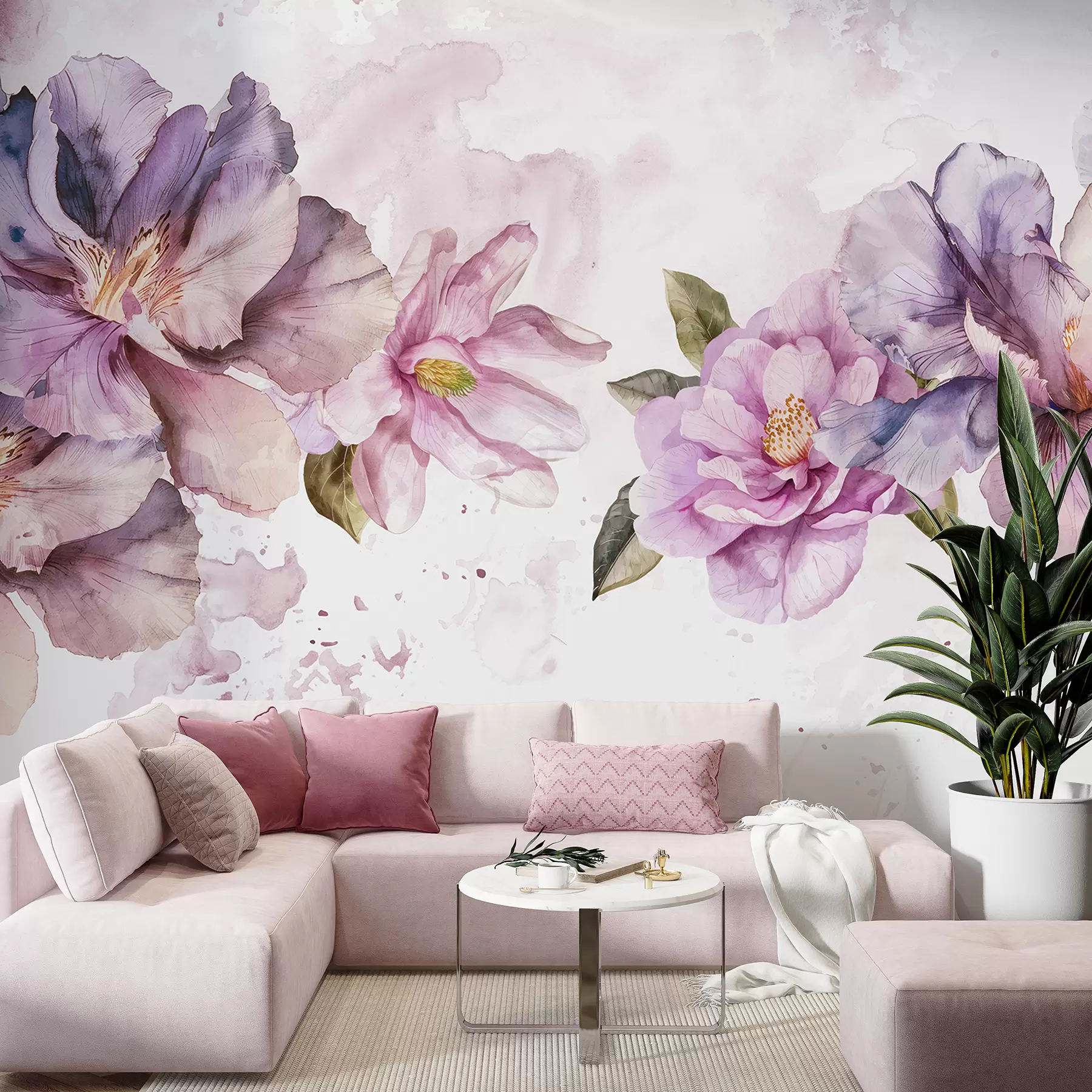 fototapet Flori delicate de acuarelă roz și violet cu petale moi și frunze verzi pe un fundal deschis w08238