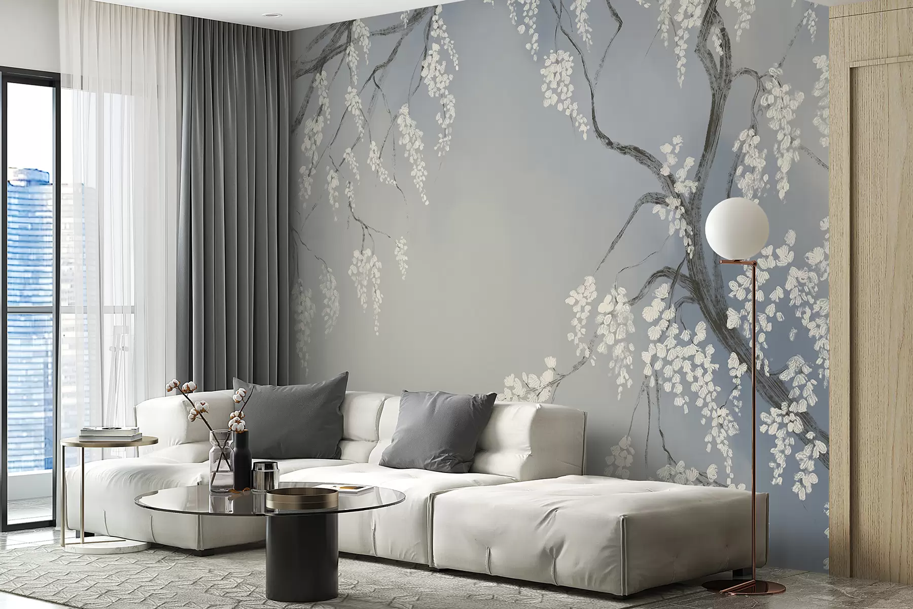 fototapet Cireș alb delicat cu flori înflorite pe ramuri pe fundal albastru w08243v1