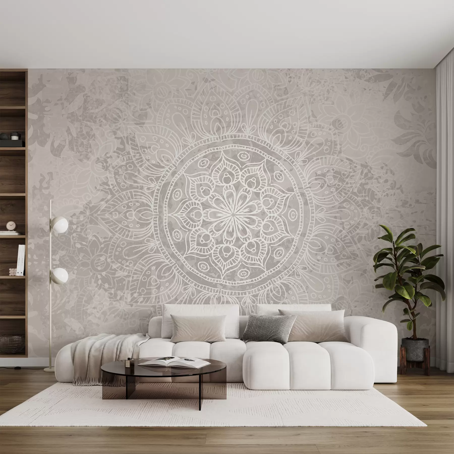 fototapet Un model de mandala alb detaliat pe un fundal vintage cu textura gri deschis w08246