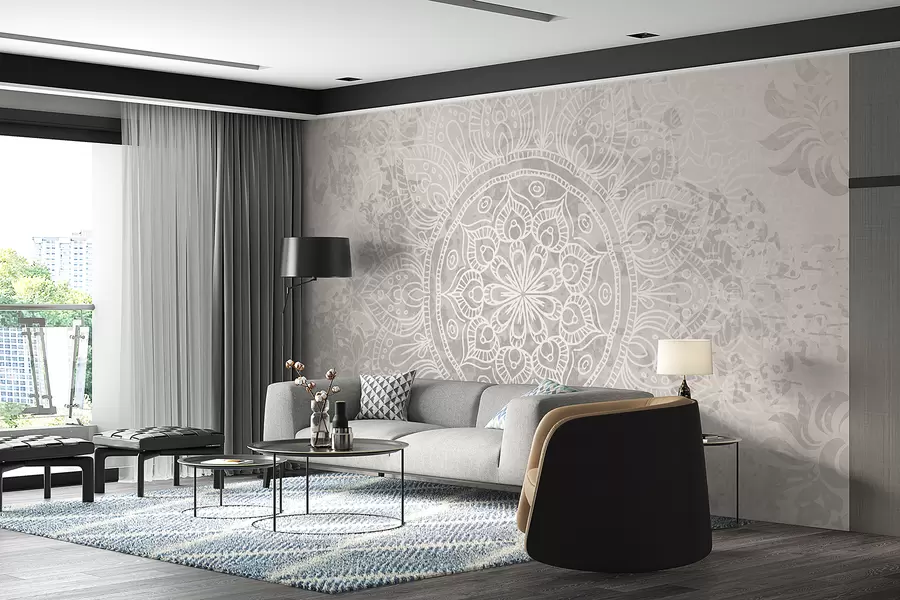 fototapet Un model de mandala alb detaliat pe un fundal vintage cu textura gri deschis w08246