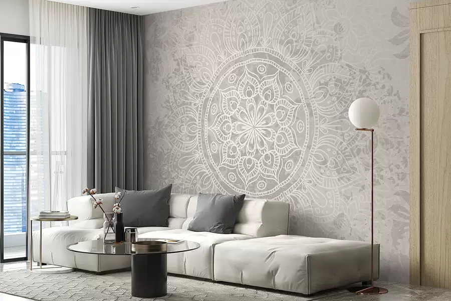 fototapet Un model de mandala alb detaliat pe un fundal vintage cu textura gri deschis w08246