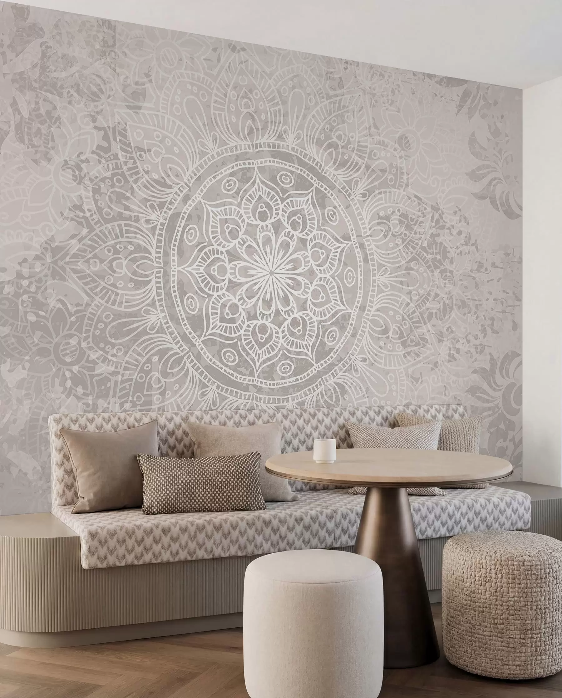 fototapet Un model de mandala alb detaliat pe un fundal vintage cu textura gri deschis w08246