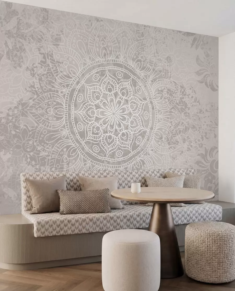 fototapet Un model de mandala alb detaliat pe un fundal vintage cu textura gri deschis w08246