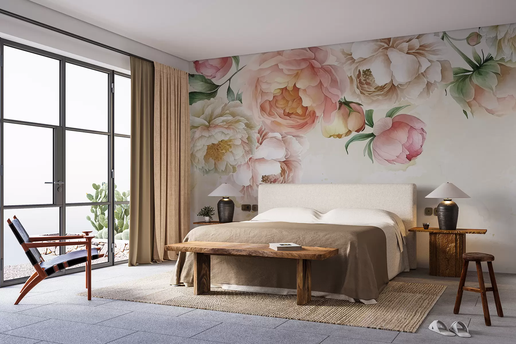 fototapet Bujori delicati roz și albi cu frunze verzi luxuriante pe un fundal de acuarelă deschisă w08248