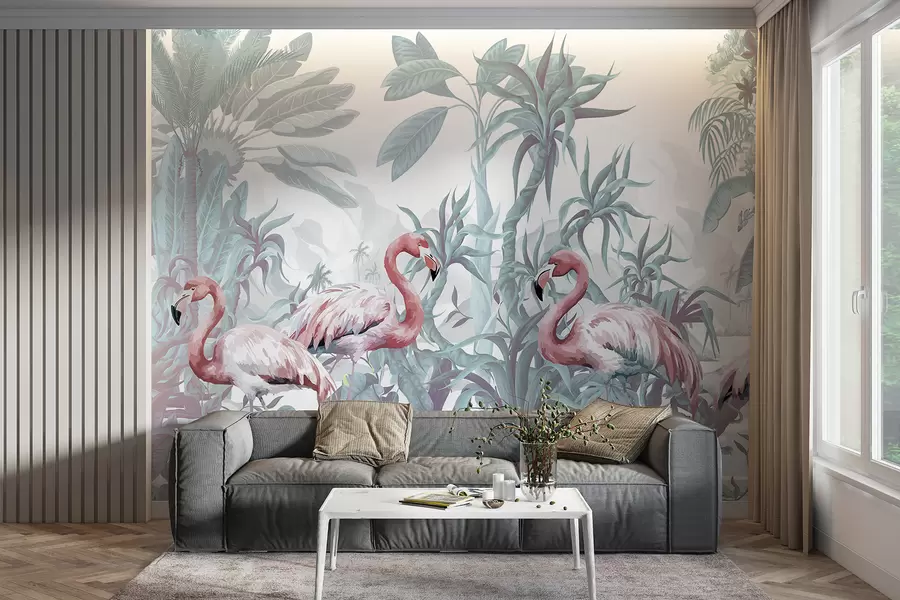 fototapet Flamingo roz în picioare într-un frunziș tropical luxuriant, cu frunze mari de palmier și flori în nuanțe de verde și alb w08250v1