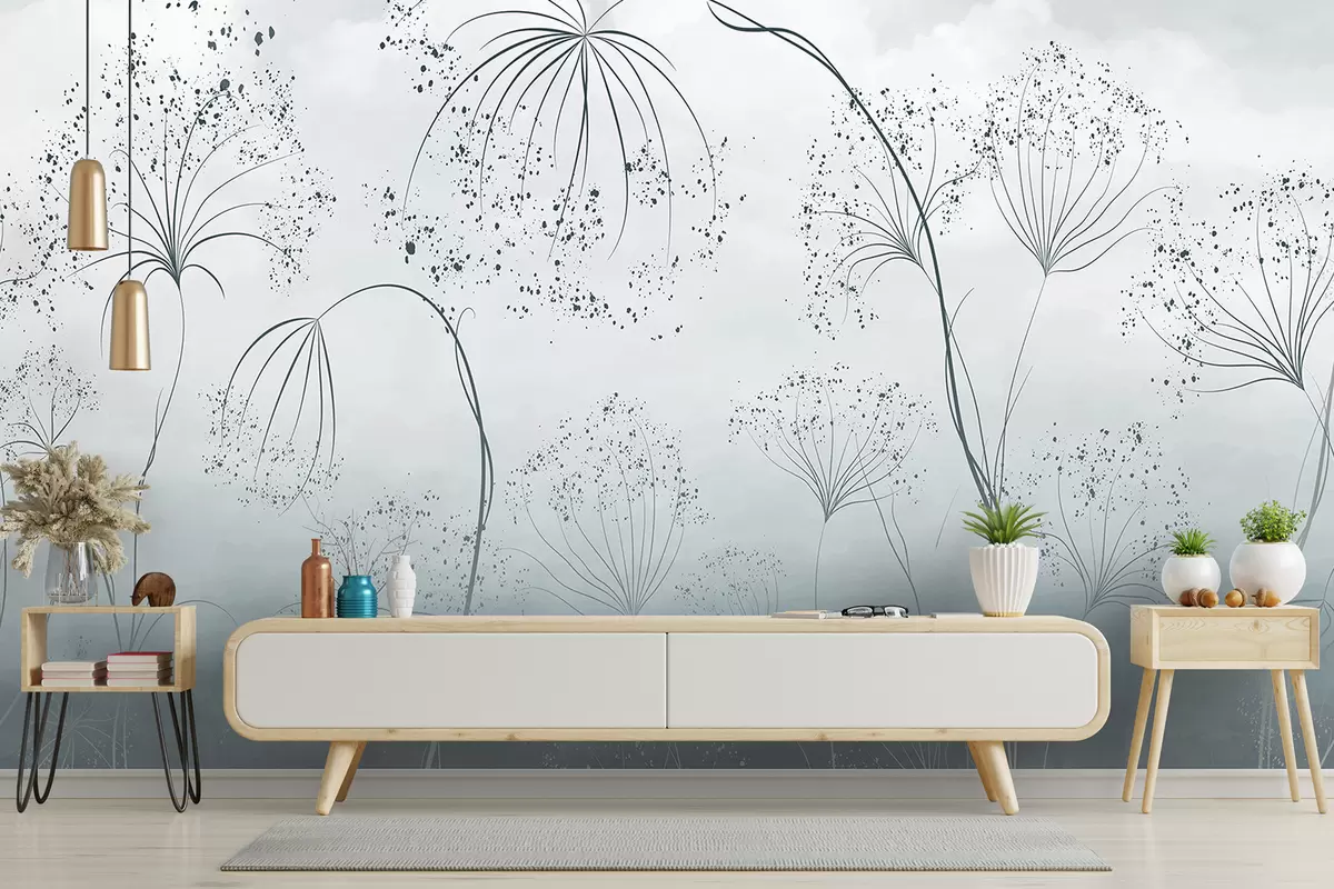 fototapet Plante albastre, înalte și rarefiate, cu flori delicate, în formă de umbrelă sau capete de semințe, într-un mediu cețos, atmosferic w08258v1