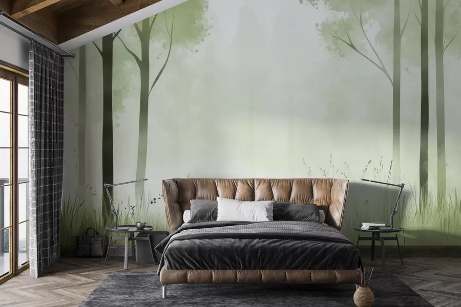 fototapet Pădure acuarelă, ceață, copaci, iarbă, peisaj natural, culoare verde w01563v2