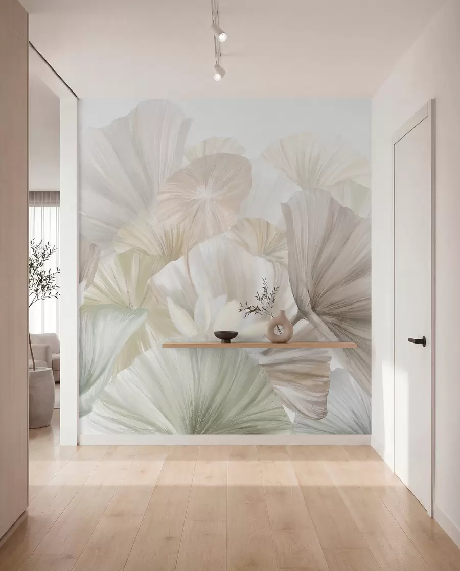 fototapet Frunze delicate de lotus verde cu flori albe cu petale moi, cu pene, aranjate într-o compoziție artistică naturală w08265