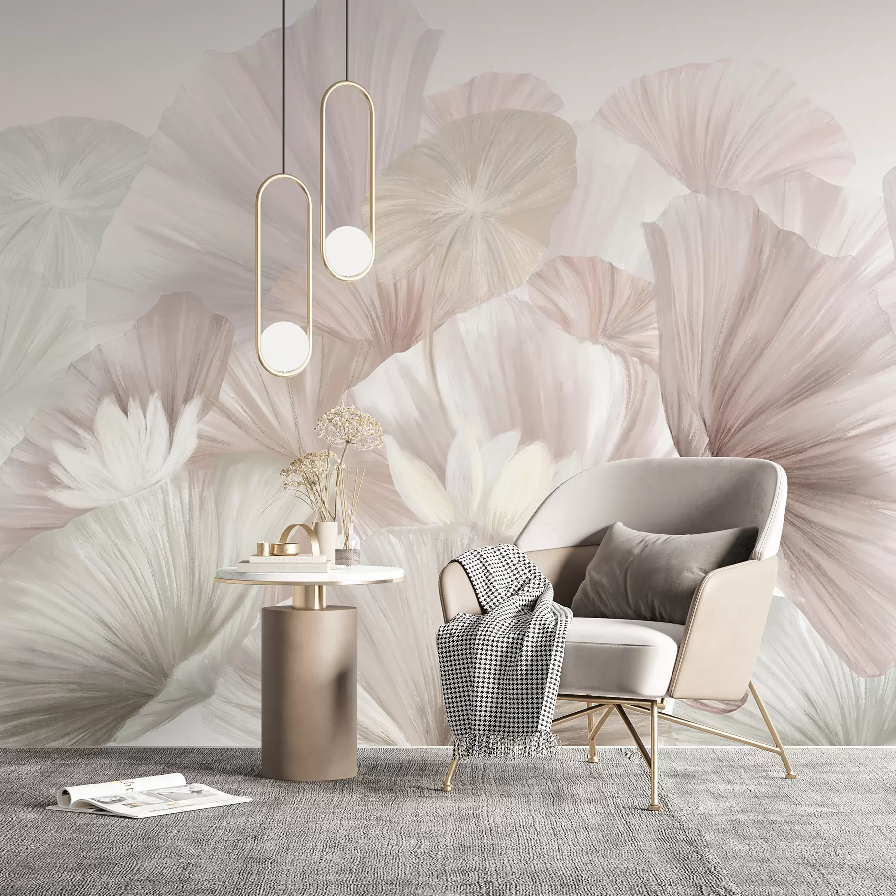 fototapet Frunze delicate de lotus roz cu flori albe cu petale moi, cu pene, aranjate într-o compoziție artistică naturală w08265v1