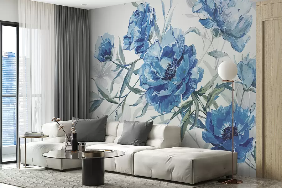 fototapet Peonies albastru pictura cu frunze luxuriante pe un fundal abstract de lumină w08274v1