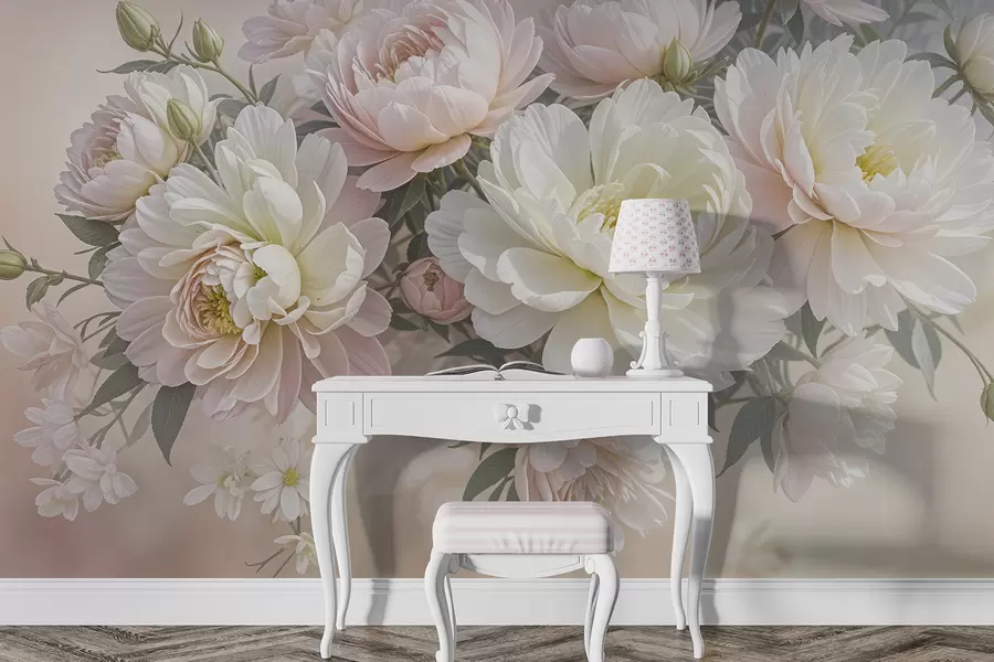 fototapet Un buchet de bujori și alte flori luxuriante, în culori pastelate, pe un fundal blând, neclar w08276