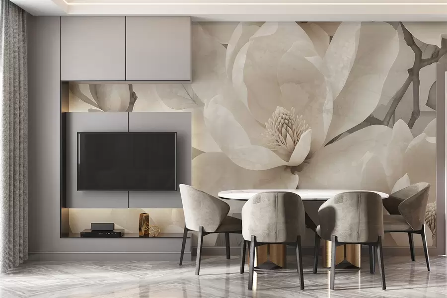 fototapet Flori albe de magnolie în plină înflorire, cu petale moi, delicate și un fundal natural textural w08278