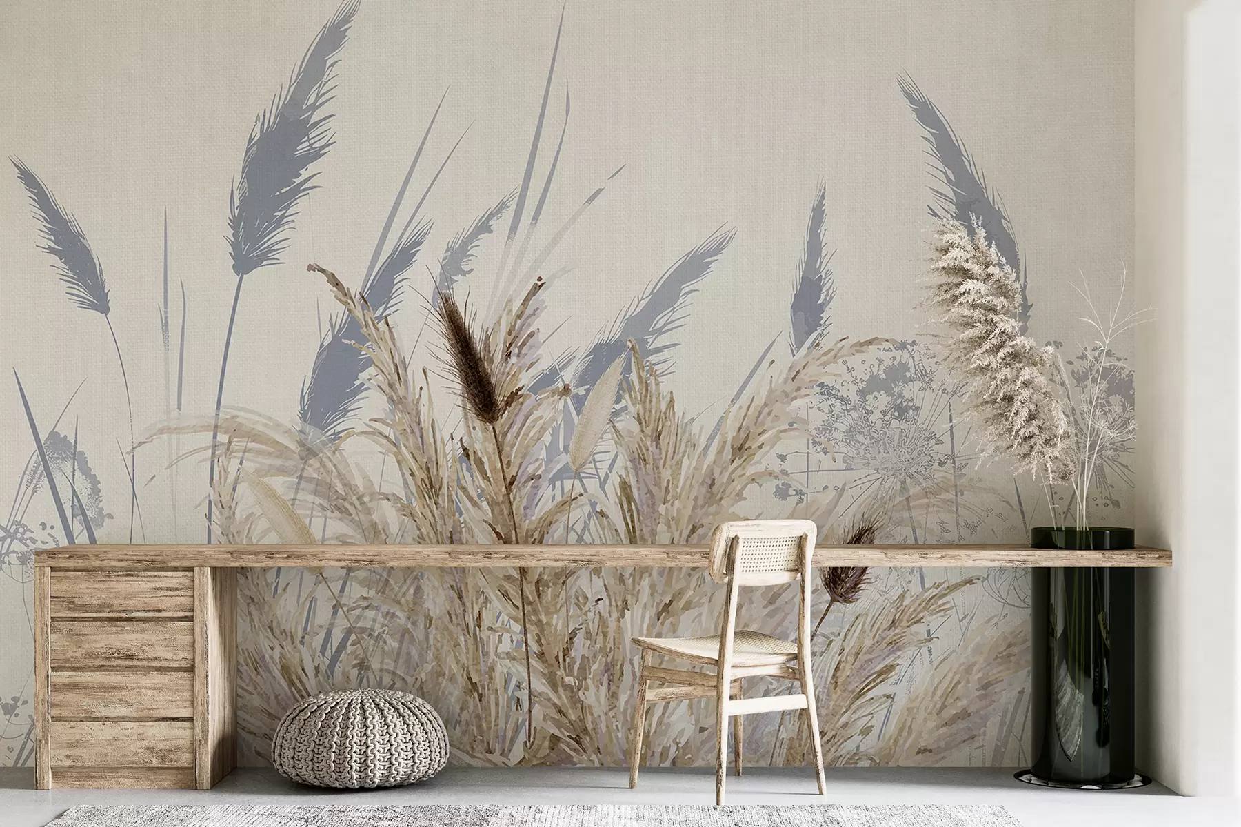 fototapet Tulpini înalte de grâu și iarbă cu pene albe pufoase pe un fundal deschis w08282