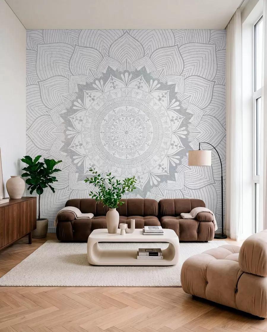 fototapet Mandala rotundă, tapet pentru spațiul de yoga sau pentru a armoniza spațiul personal. Mandala de perete în nuanțe de gri pe un fundal eterogen texturat w01088v2