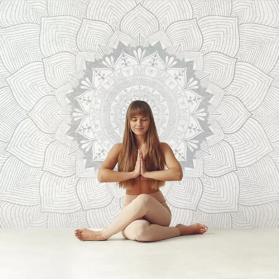 fototapet Mandala rotundă, tapet pentru spațiul de yoga sau pentru a armoniza spațiul personal. Mandala de perete în nuanțe de gri pe un fundal eterogen texturat w01088v2