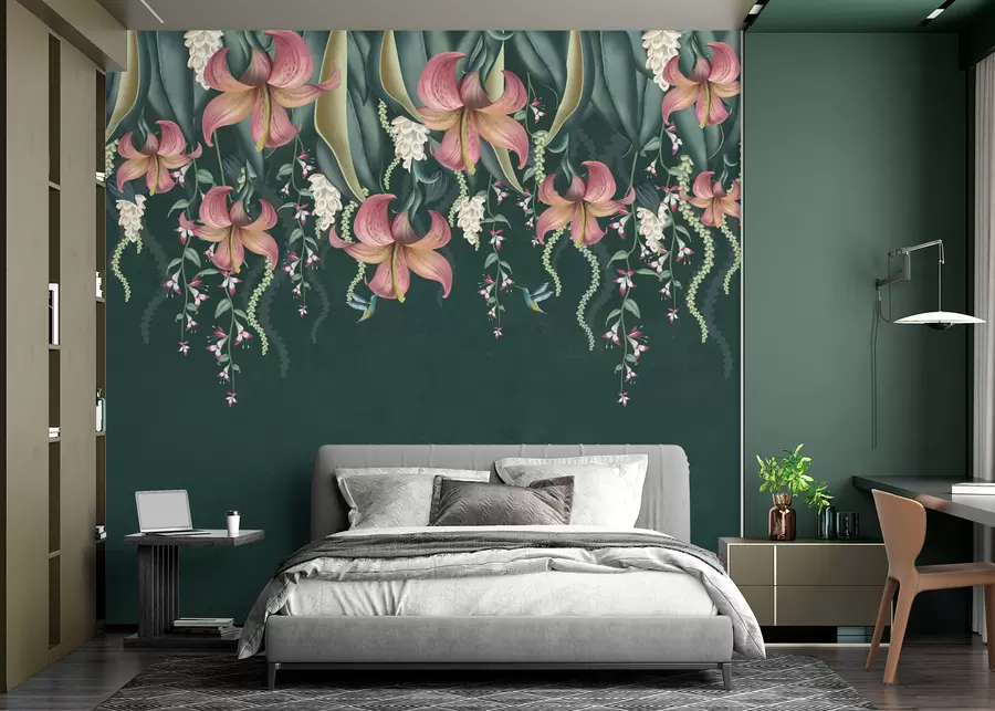 fototapet Motiv botanic delicat cu crini agățați, flori și colibri pe un perete grunge verde w01523v3