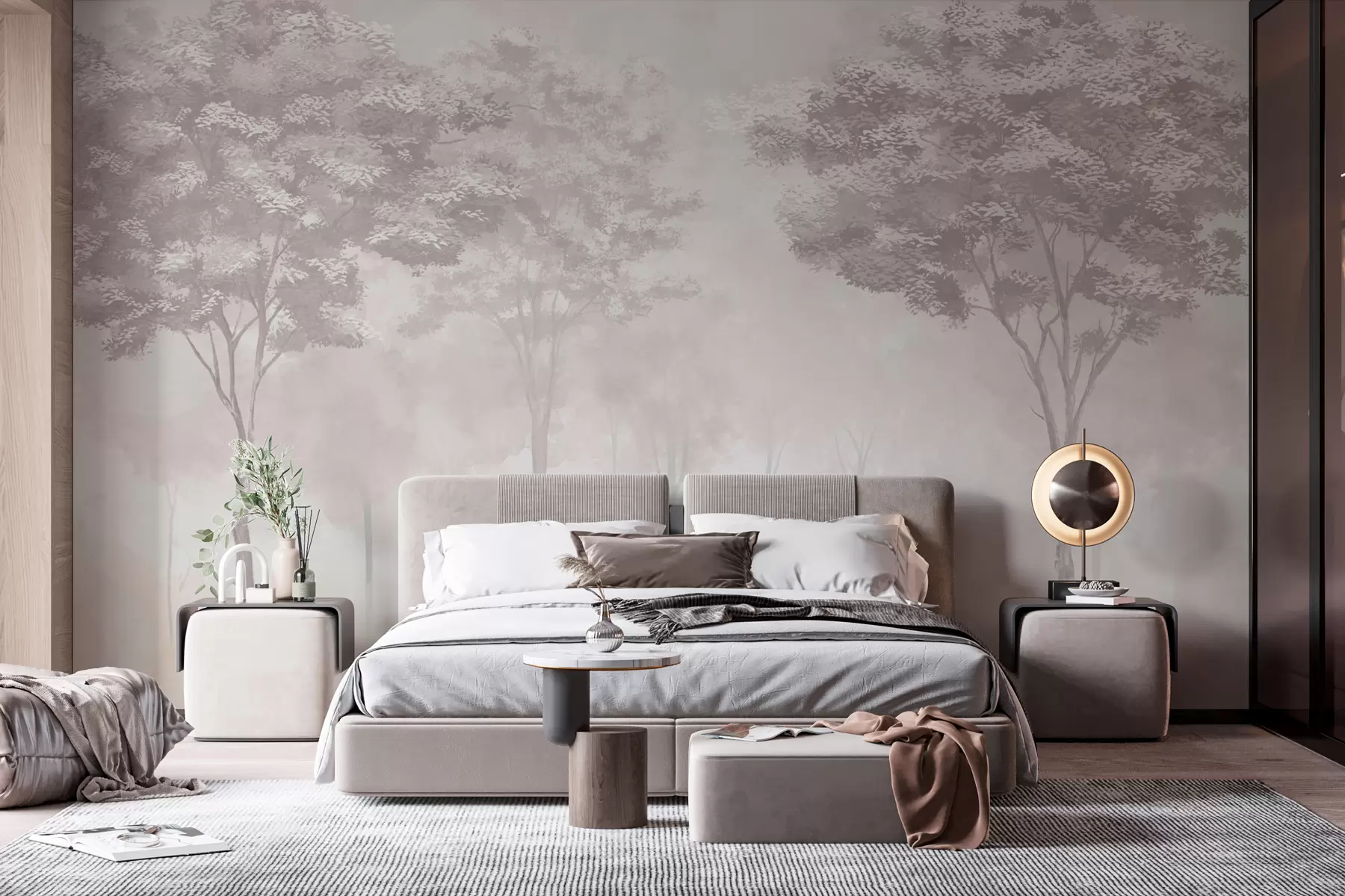 fototapet Siluetă de pădure în ceață de culoare roz w01599v3