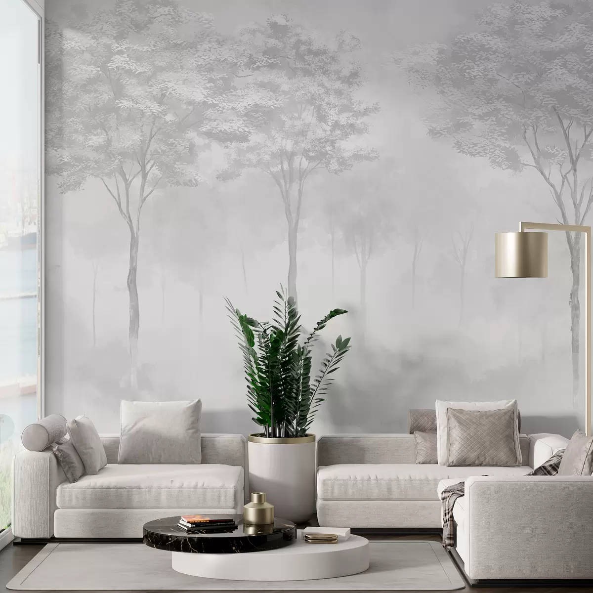 fototapet Siluetă de pădure cețoasă în culoarea gri w01599v5