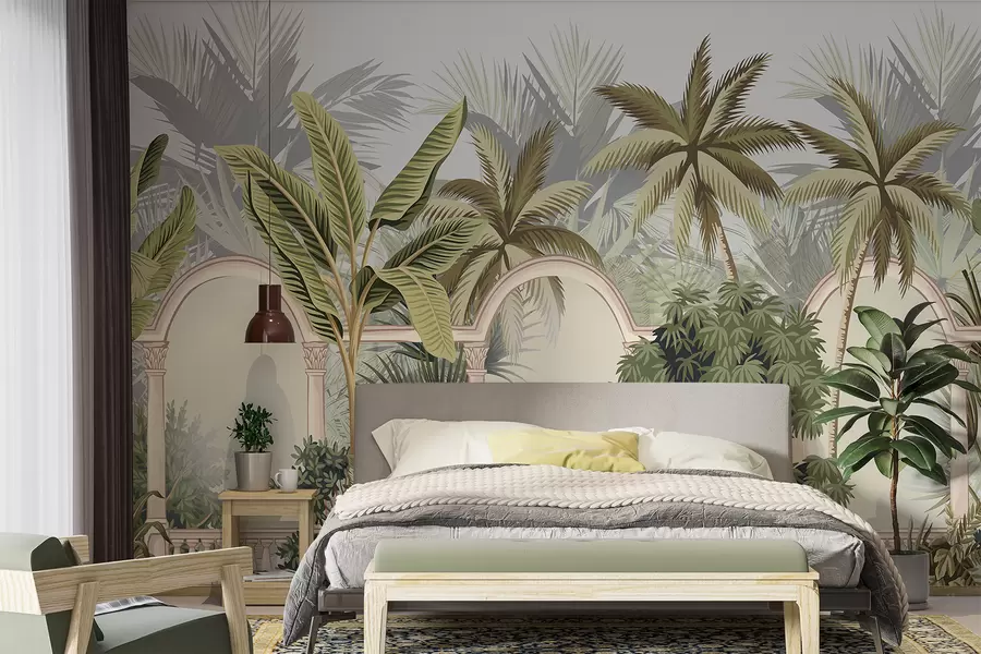 fototapet Arce cu peisaj tropical, palmieri luxurianți și alte frunze pe un fundal deschis w08306
