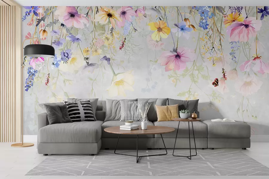 fototapet Flori colorate cu flori roz, galbene și albastre care atârnă de sus pe fundal gri texturat w08309