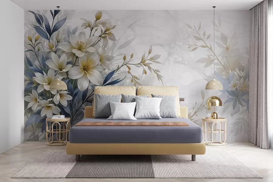 fototapet Buchet floral alb, bej și albastru cu frunze delicate pe un fundal blând, neclar w08314