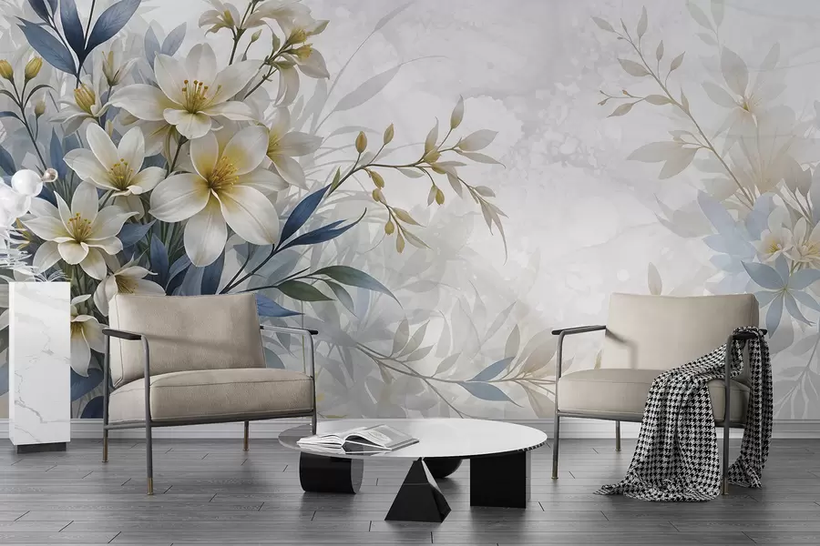 fototapet Buchet floral alb, bej și albastru cu frunze delicate pe un fundal blând, neclar w08314