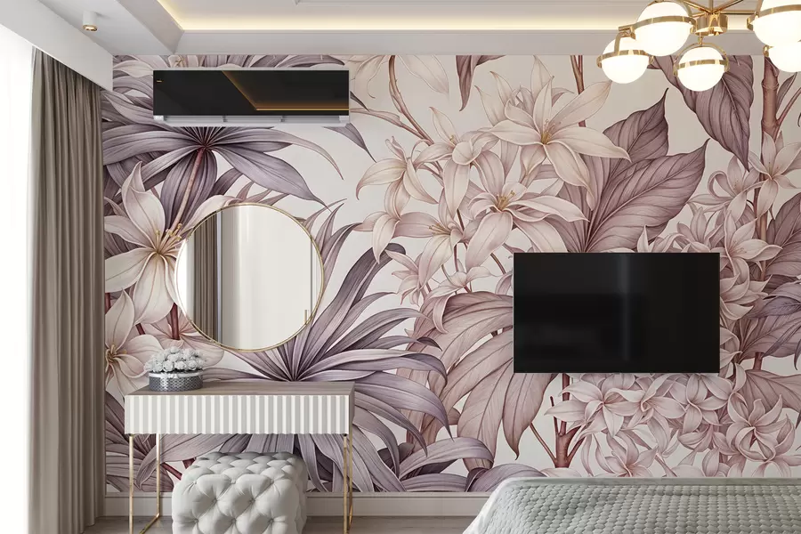 fototapet Un imprimeu floral tropical cu flori mari albe și roz deschis, frunze bordo și un fundal neutru w08318v1